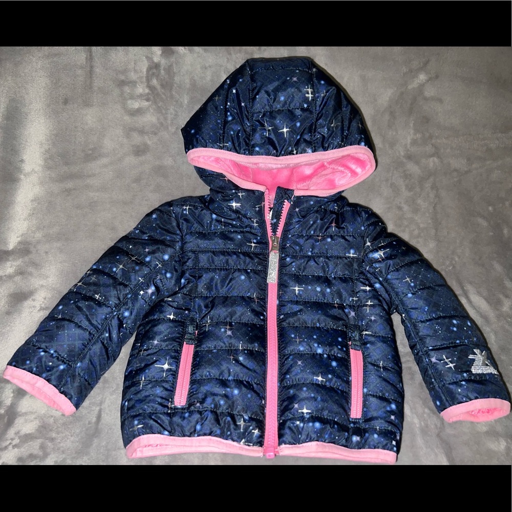 Pink and blue with metallic stars, puffer jacket